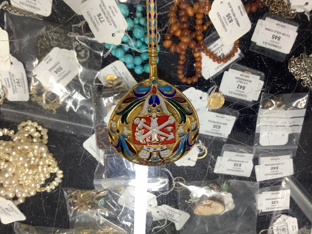 A small quantity of Russian style metal items including spoons (some with enamel) dishes, bowl etc.
